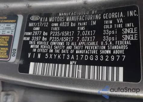 2013 Kia Sorento Lx from USA, damaged, VIN 5XYKT3A17DG332977